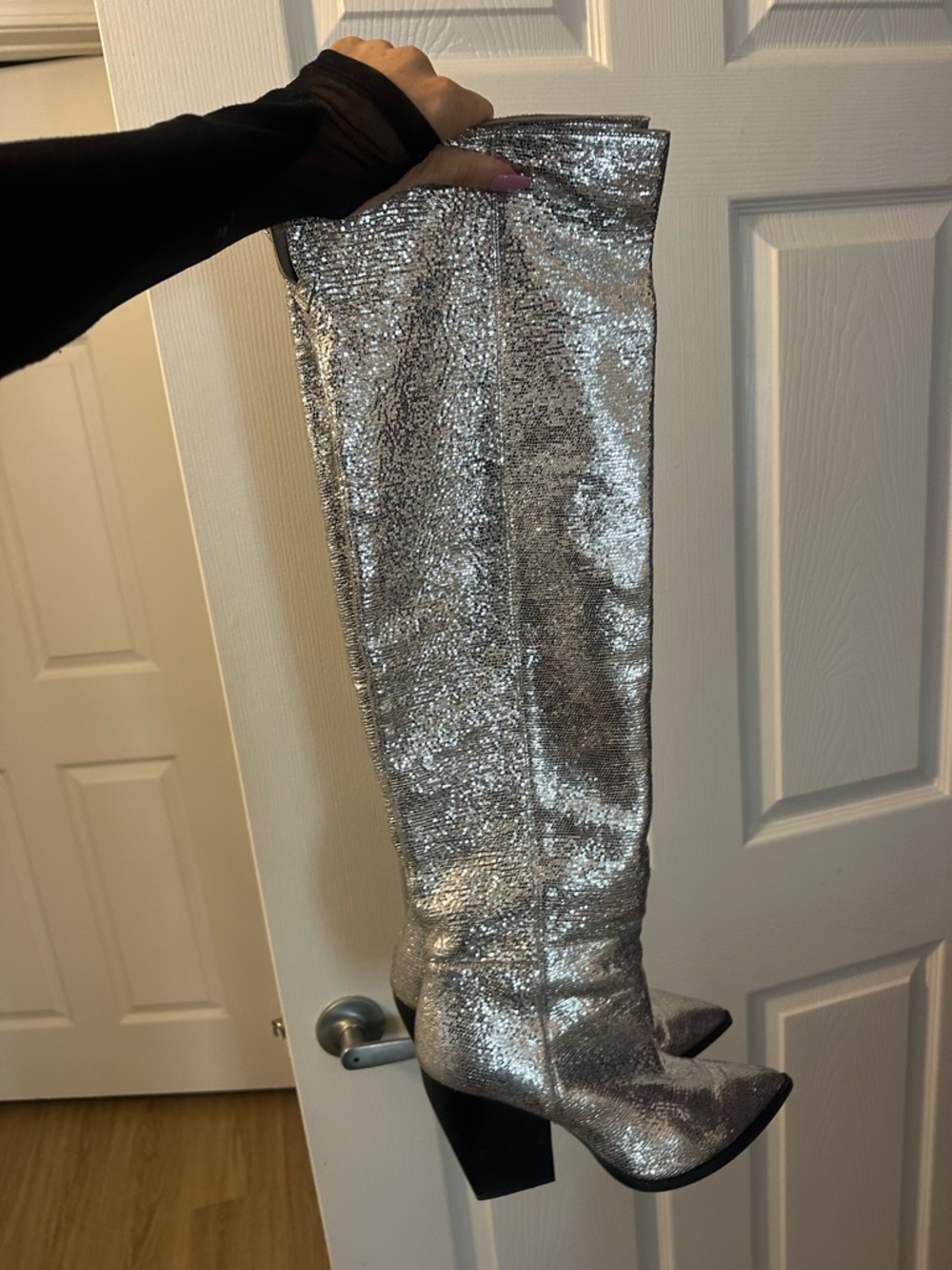 All Saints Metallic Silver Leather Over-the-Knee Boots - Picture 2 of 4